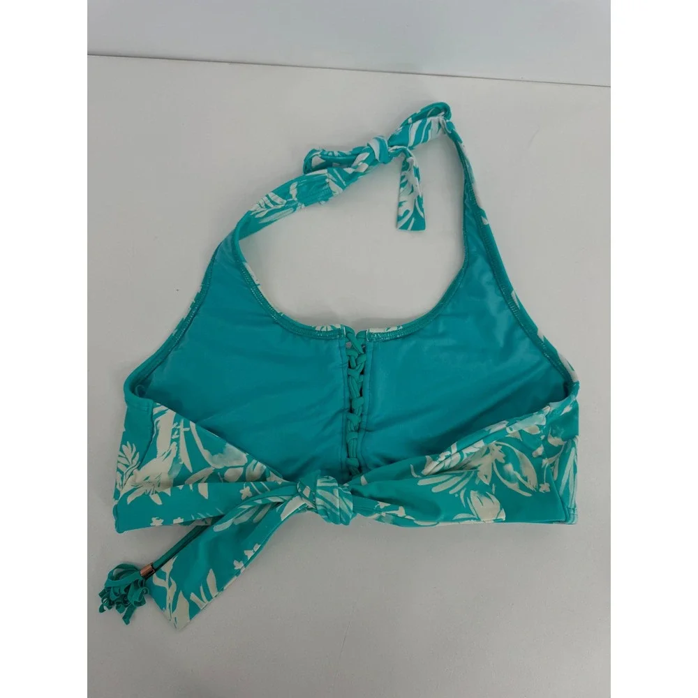 Swim Systems Sz 38D Teal White Floral Halter Bikini Top Lace Up Tassel Swimwear
